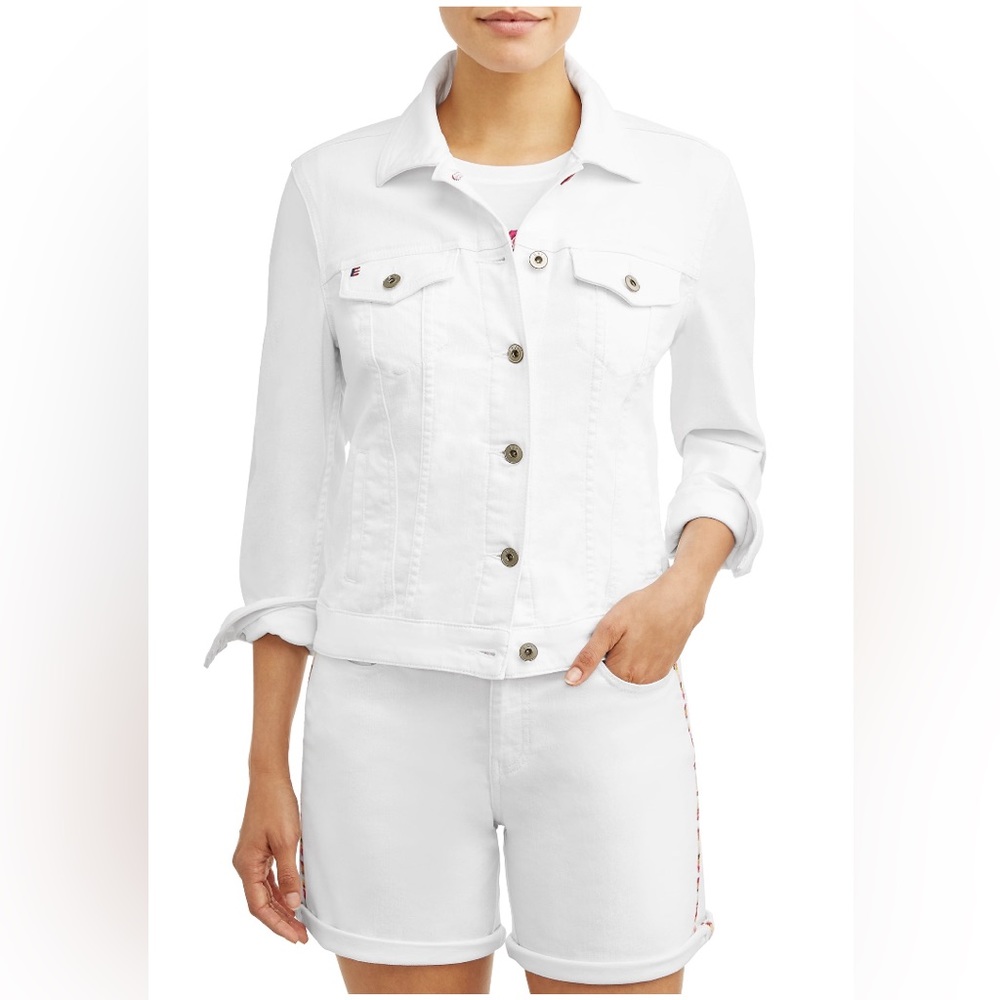 NWOT EV1 from Ellen DeGeneres Women’s White Denim Jacket w/ Love Flag Sz. Lg